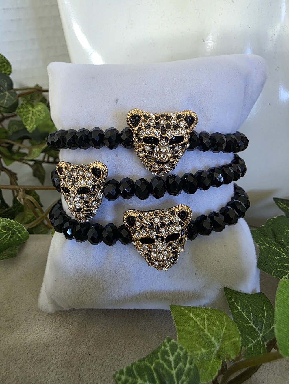 Set of 3 Crystal Glass Stretch Bracelets: Gold-Tone Leopard Head Accents